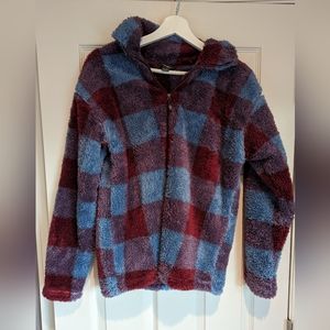 Eddie Bauer Faux Fur Zip Up Sweater (blue, red, small)